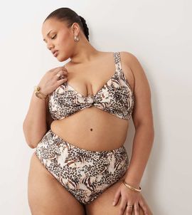 South Beach Curve South Beach Curve high waisted bikini bottom in leopard print-Brown