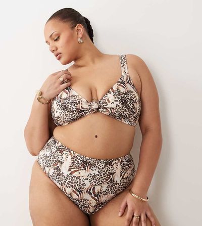 South Beach Curve South Beach Curve high waisted bikini bottom in leopard print-Brown