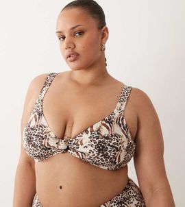 South Beach Curve South Beach Curve knot front bikini top in leopard print-Brown
