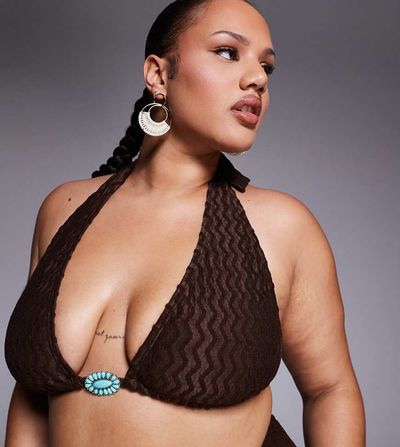 South Beach Curve South Beach Curve textured halterneck bikini top in brown