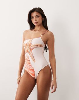 South Beach South Beach asymmetric shell print swimsuit in beige-Neutral
