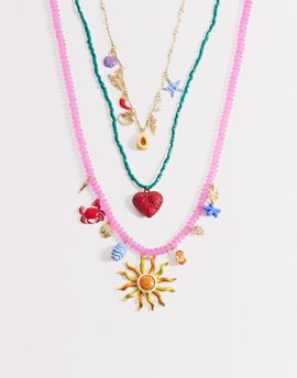 South Beach South Beach beaded multi layer charm necklace in pink