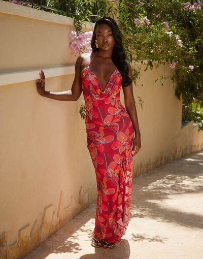 South Beach South Beach cowl neck maxi beach dress in tropical flower red-Multi