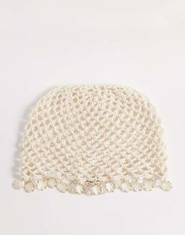South Beach South Beach crochet festival cap with shell embellishment in cream-White