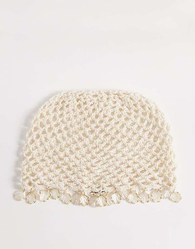 South Beach South Beach crochet festival cap with shell embellishment in cream-White