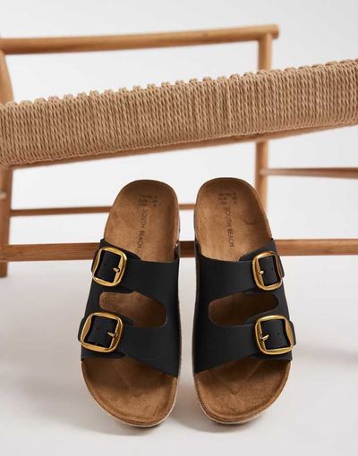 South Beach South Beach double buckle sandals in black faux suede