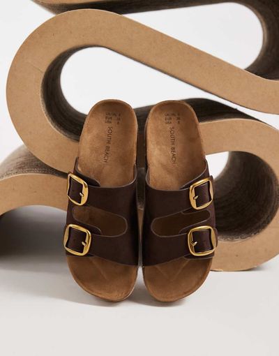 South Beach South Beach double buckle sandals in brown faux suede
