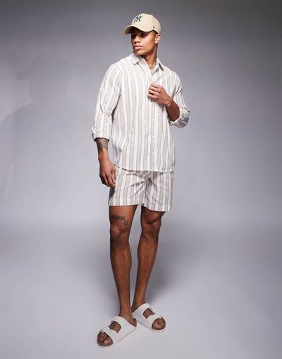 South Beach South Beach drawstring beach shorts in beige and white stripe-Neutral