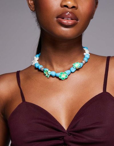 South Beach South Beach lotus flower chunky beaded necklace in blue
