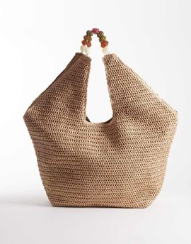 South Beach South Beach oversized landscape shoulder tote bag with resin bead handle in natural-Neutral