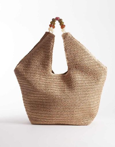 South Beach South Beach oversized landscape shoulder tote bag with resin bead handle in natural-Neutral
