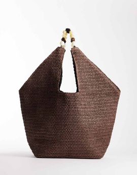 South Beach South Beach oversized landscape shoulder tote with resin beaded handle in chocolate brown