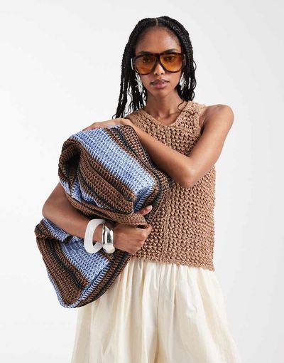 South Beach South Beach oversized woven shoulder bag in brown and blue stripe-Multi
