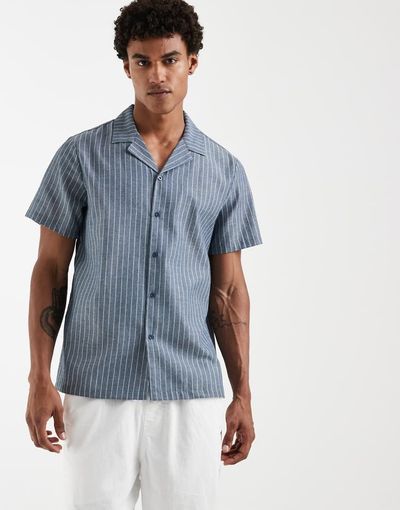 South Beach South Beach short sleeve linen mix shirt in faded blue stripes
