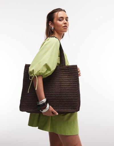 South Beach South Beach shoulder straw beach tote bag in chocolate brown