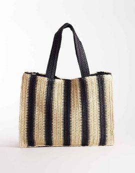 South Beach South Beach shoulder straw beach tote bag in mono vertical stripe-Multi