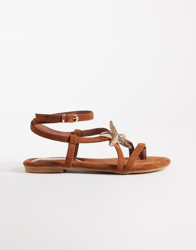 South Beach South Beach starfish strappy flat sandals in brown faux suede