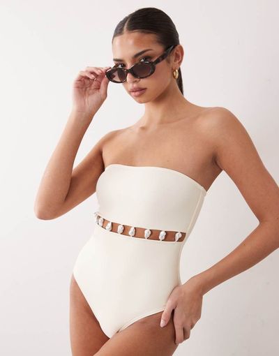 South Beach South Beach strapless one-piece swimsuit with beaded detailing in white
