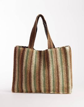 South Beach South Beach straw beach tote shoulder bag in neutral and green stripes-Multi