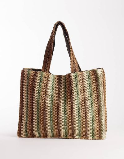 South Beach South Beach straw beach tote shoulder bag in neutral and green stripes-Multi