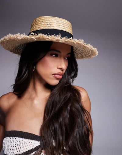 South Beach South Beach straw boater hat with contrast band in beige-Neutral
