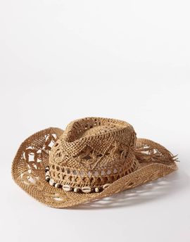 South Beach South Beach straw cowboy hat with bead trim in natural-Neutral
