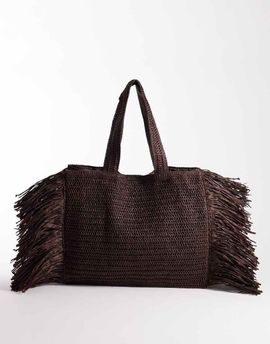 South Beach South Beach straw fringe tote shoulder bag in chocolate brown