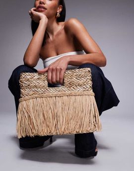 South Beach South Beach straw fringed clutch bag in beige-Neutral