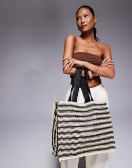South Beach South Beach straw tote bag in black and white stripe-Multi