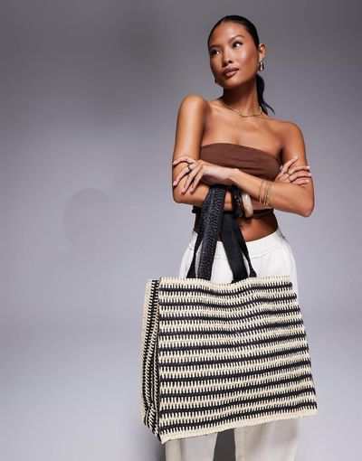 South Beach South Beach straw tote bag in black and white stripe-Multi