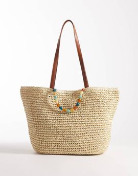 South Beach South Beach straw tote shoulder bag with beaded top handle in beige-Neutral