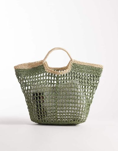 South Beach South Beach top handle straw bag in green with contrast trim