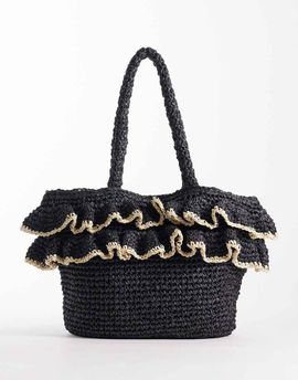 South Beach South Beach top handle straw bag with ruffle detail in black