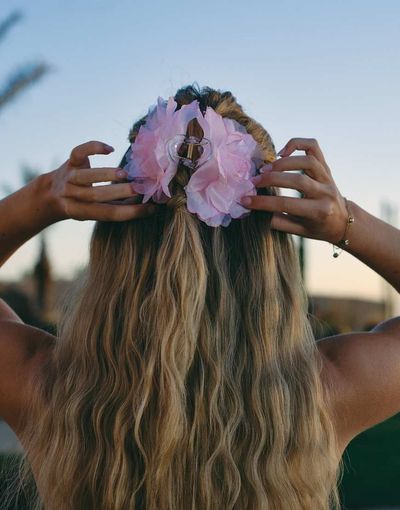 South Beach South Beach x Liv Silverman fabric flower hair claw clip in pink and orange