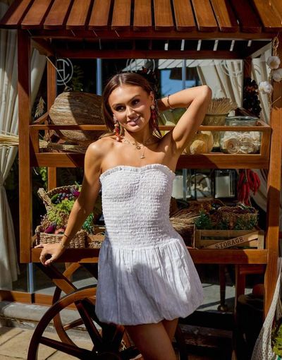 South Beach South Beach x Misha Grimes ruched balloon bandeau mini beach dress in white