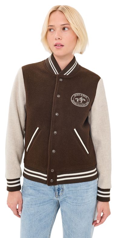 Sporty & Rich Sporty & Rich Diana Riding Club Wool Varsity Jacket Chocolate/Heather Oatmeal