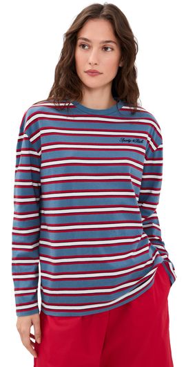 Sporty & Rich Sporty & Rich Signature Logo Easy Long Sleeve Tee Blue Red Striped