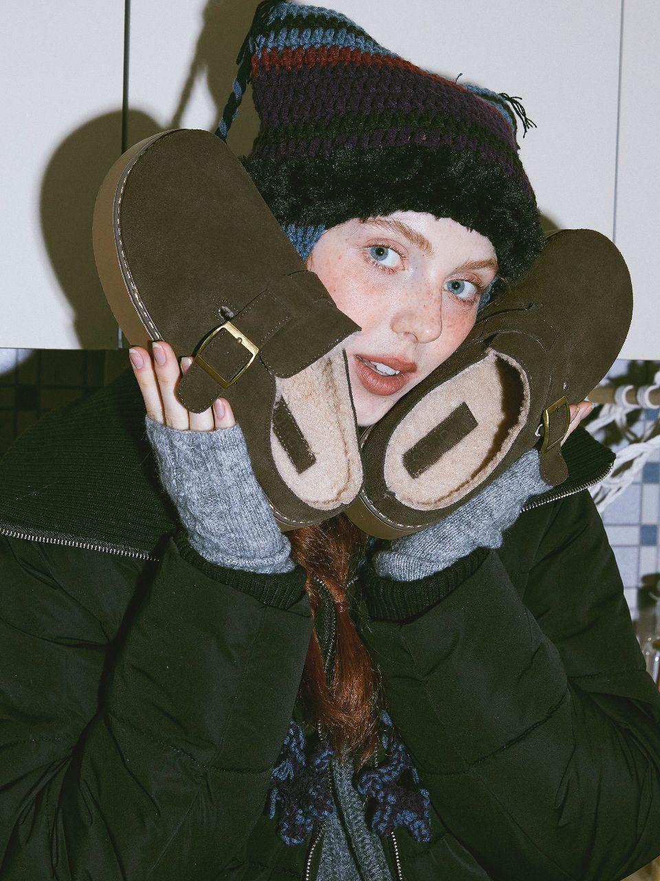 SPUR Cowhide Suede Winter Fur Mule Slippers (UA9083)