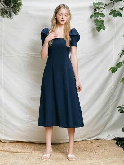 squSQUARE Lise Ribbon Puff Squareneck Dress [Mute Green]
