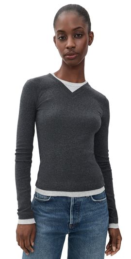 St. Agni St. Agni Organic Cotton V Neck Long Sleeve Top Charcoal Melange