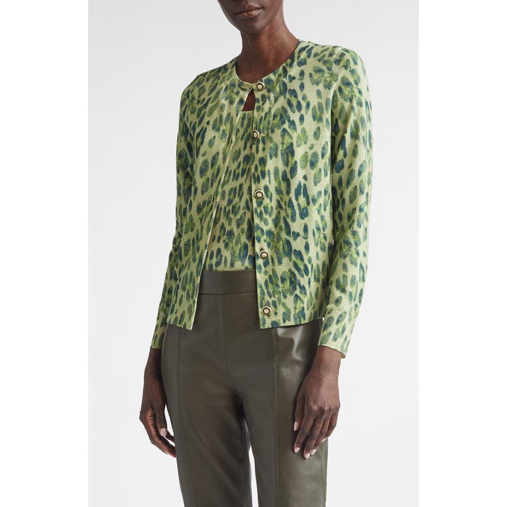 ST. JOHN ST. JOHN Fine Gauge Leopard Print Wool Blend Cardigan