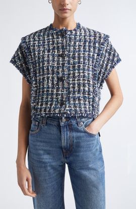 ST. JOHN ST. JOHN Fringe Cap Sleeve Multicolor Check Tweed Jacket