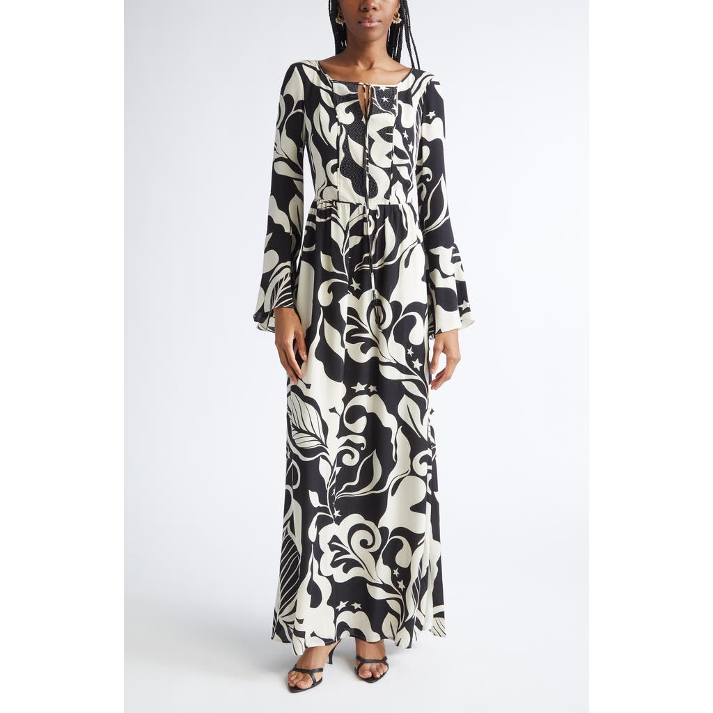 ST. JOHN ST. JOHN Harlow Leaf Print Long Sleeve Silk Maxi Dress