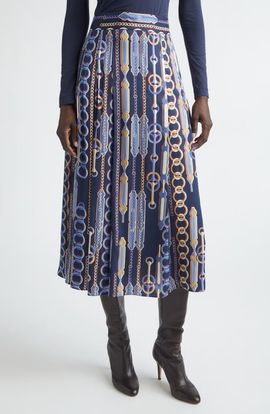 ST. JOHN ST. JOHN Heritage Chain Bridle Print Pleated Midi Skirt
