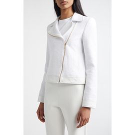 ST. JOHN ST. JOHN Leather Trim Matte Cotton Tweed Zip Jacket