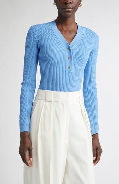 ST. JOHN ST. JOHN Mixed Stitch Fine Gauge Henley Sweater