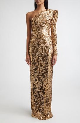 ST. JOHN ST. JOHN Sabrina Stretch Sequin One Shoulder Long Sleeve Gown