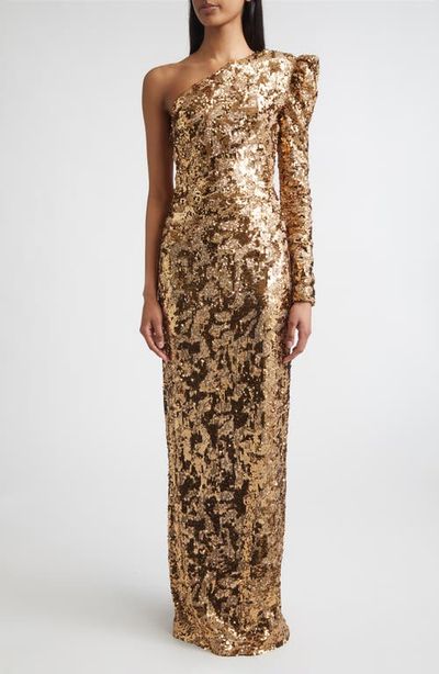 ST. JOHN ST. JOHN Sabrina Stretch Sequin One Shoulder Long Sleeve Gown