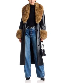 Stand Studio Stand Studio Estella Faux Leather Faux Fur Collar Belted Coat