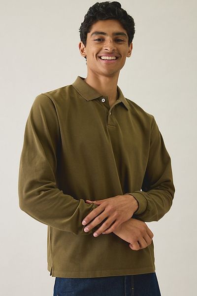 Standard Cloth Standard Cloth Pique Cotton Long Sleeve Polo Tee in Navy, Men's at Urban Outfitters